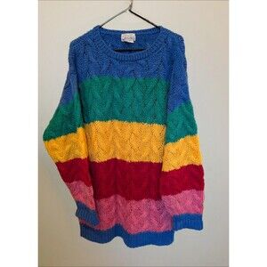 Vintage Windcrest Oversized Chunky Hand Knit Acrylic Sweater Rainbow Medium